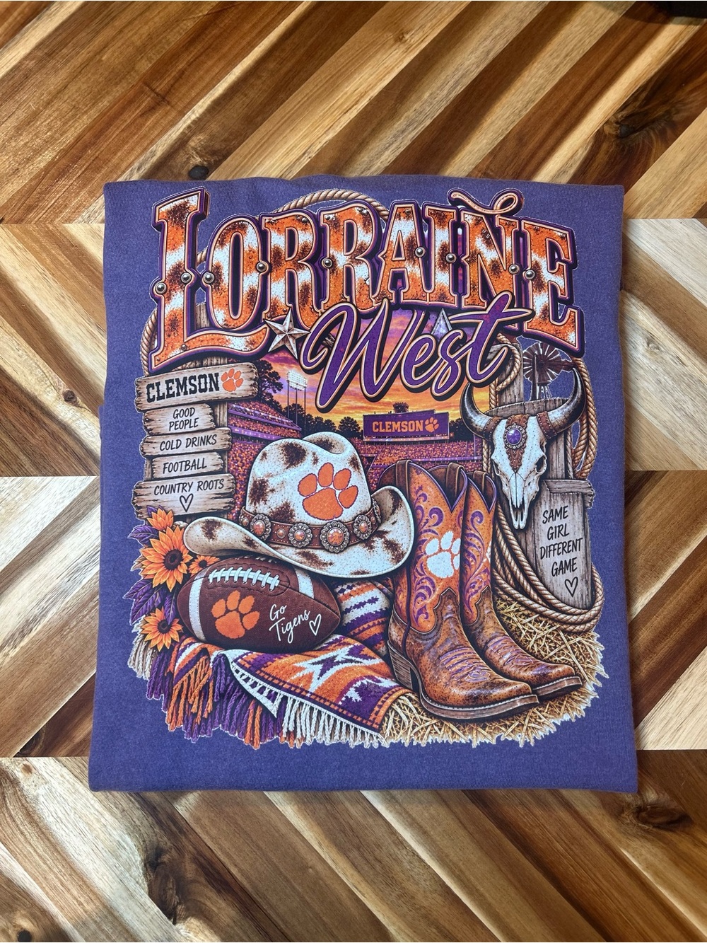 Comfort Colors Purple Graphic Tee with Orange & White Accents